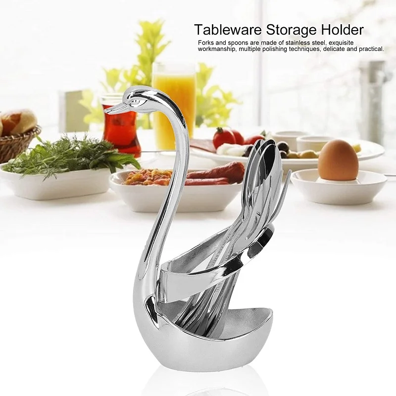 

Stainless Steel Gold Creative Dinnerware Set - Decorative Swan Base Holder with 6 pcs 4.7‘ dessert fork set for Coffee, Fruit