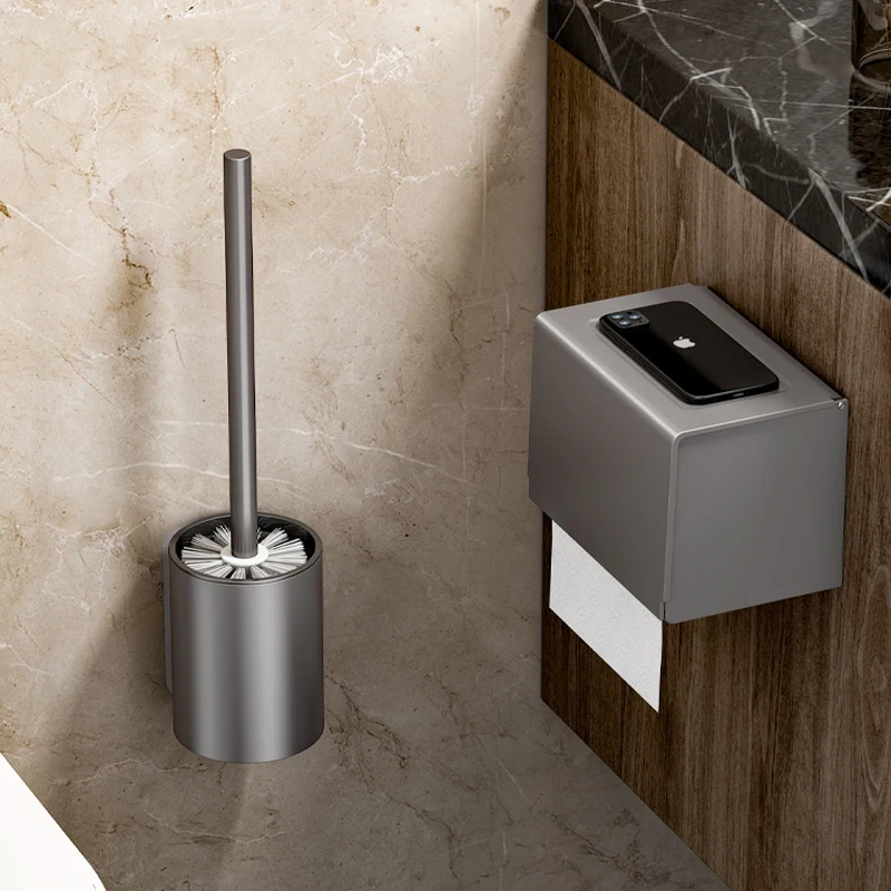Bathroom Toilet Brush Holder Cleaning Tools Space Aluminum Wall Mounted No Drill Durable Vertical Toilet Brush Black Accessories bathroom accessories toilet brush holder