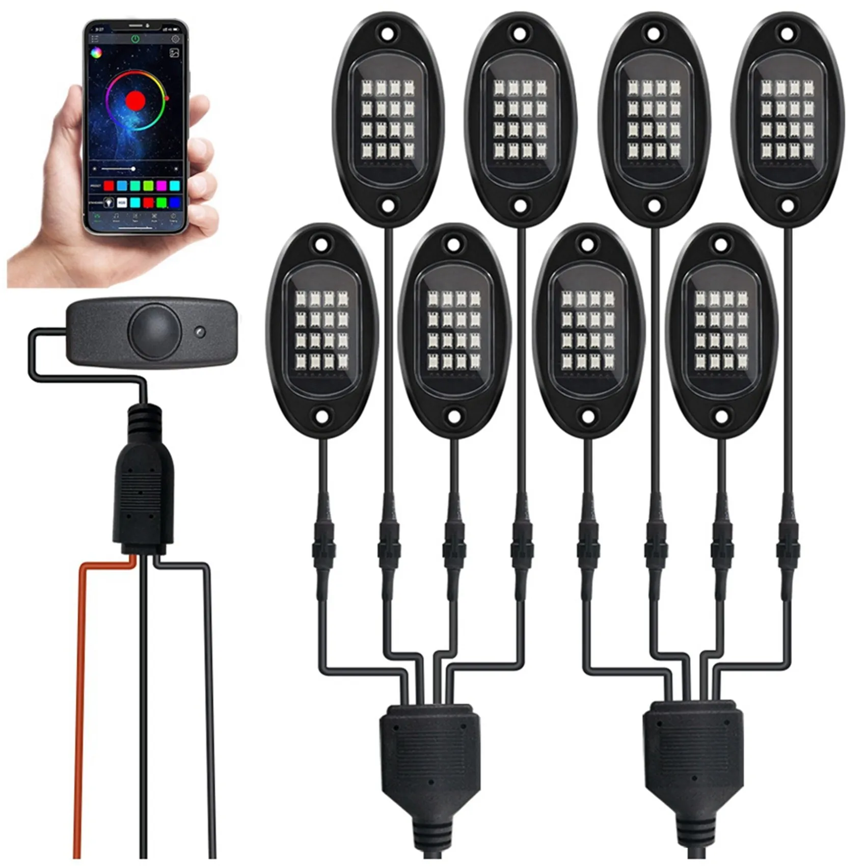 

RGB LED Rock Lights, 16 LEDs Neon Underglow Lighting 8 Pods Waterproof Music Mode Light for Jeep Truck Car UTV ATV