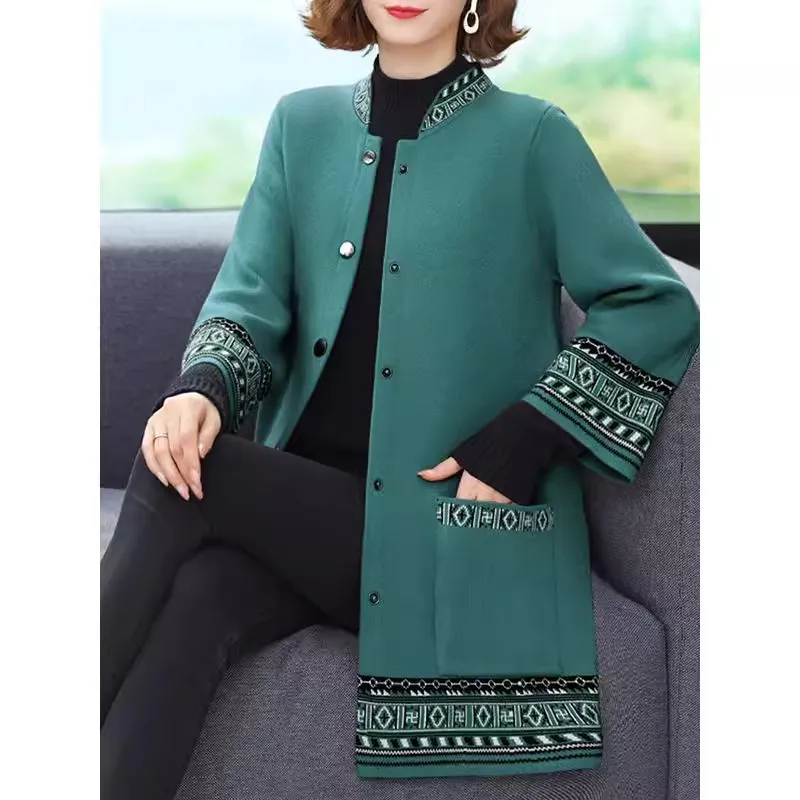 

New Autumn Middle Aged Women Knitted Cardigan Sweater 4XL Fashion Mother Elegant Mid-Long Windbreaker Coat Female Cardigans W204