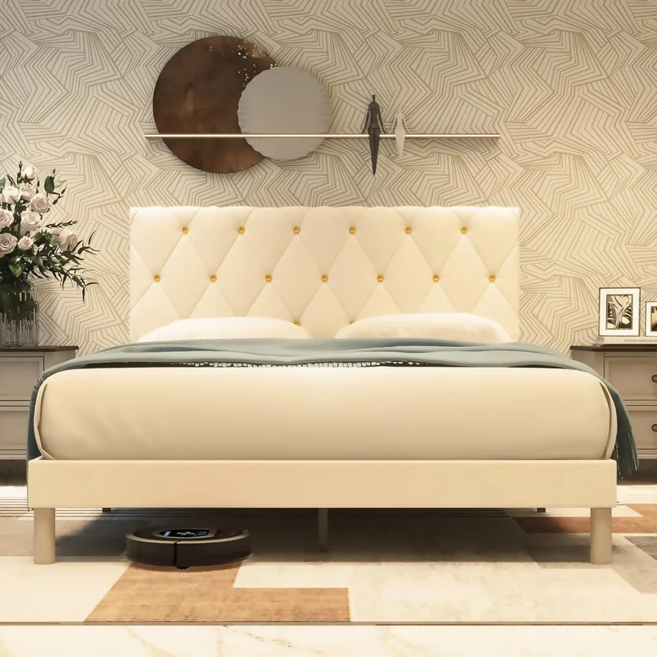 Queen Velvet Upholstered Bed Frame with Headboard