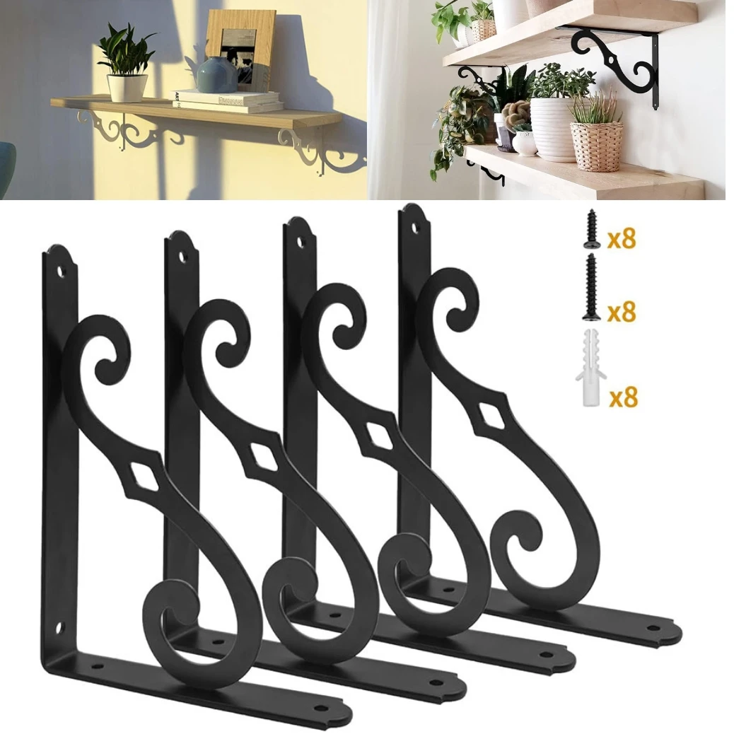 4PCS หนาเหล็กสามเหลี่ยมวงเล็บ Court สไตล์ติดผนังชั้นวางโลหะ Heavy-Duty ชั้นวางสนับสนุน 1