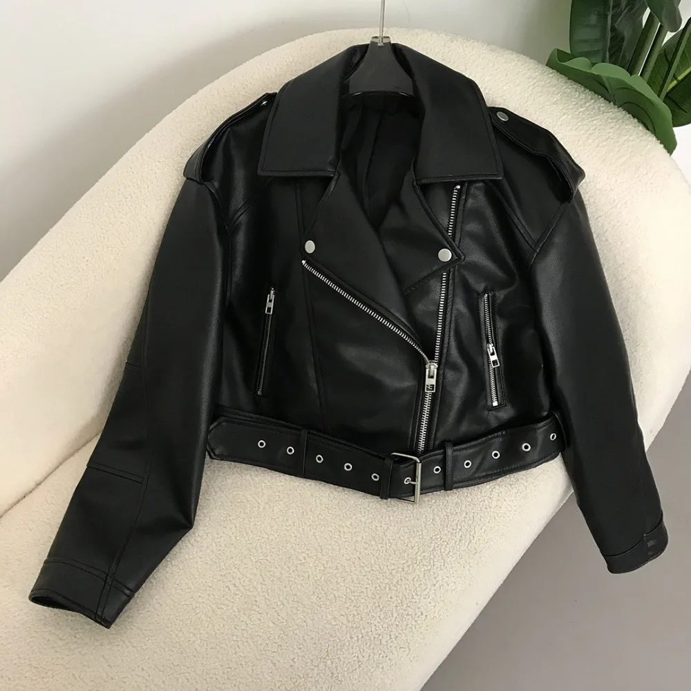 New Spring Woman Faux Leather Jacket Chic Vintage American street wear Short Lapel Zipper Belt Biker Coats Fashion Streetwear 3
