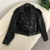 New Spring Woman Faux Leather Jacket Chic Vintage American street wear Short Lapel Zipper Belt Biker Coats Fashion Streetwear 3