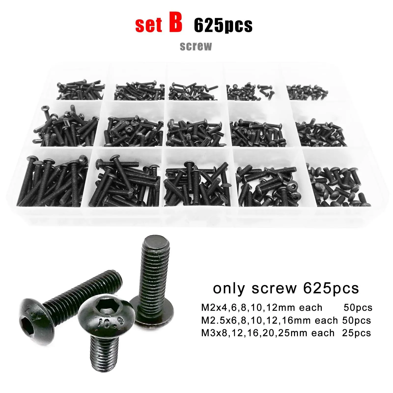 625/1140/2100pcs Hex Hexagon Socket Button Round Head Screw Bolt Nut Set Kit Box M1.6 M2 M2.5 M3 M4 M5 Black Grade 10.9 Steel