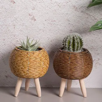 Pot de fleur tissé en rotin à la mode, jardinières de fleurs créatives avec pieds amovibles, support de plantes Durable tissé à la main 1