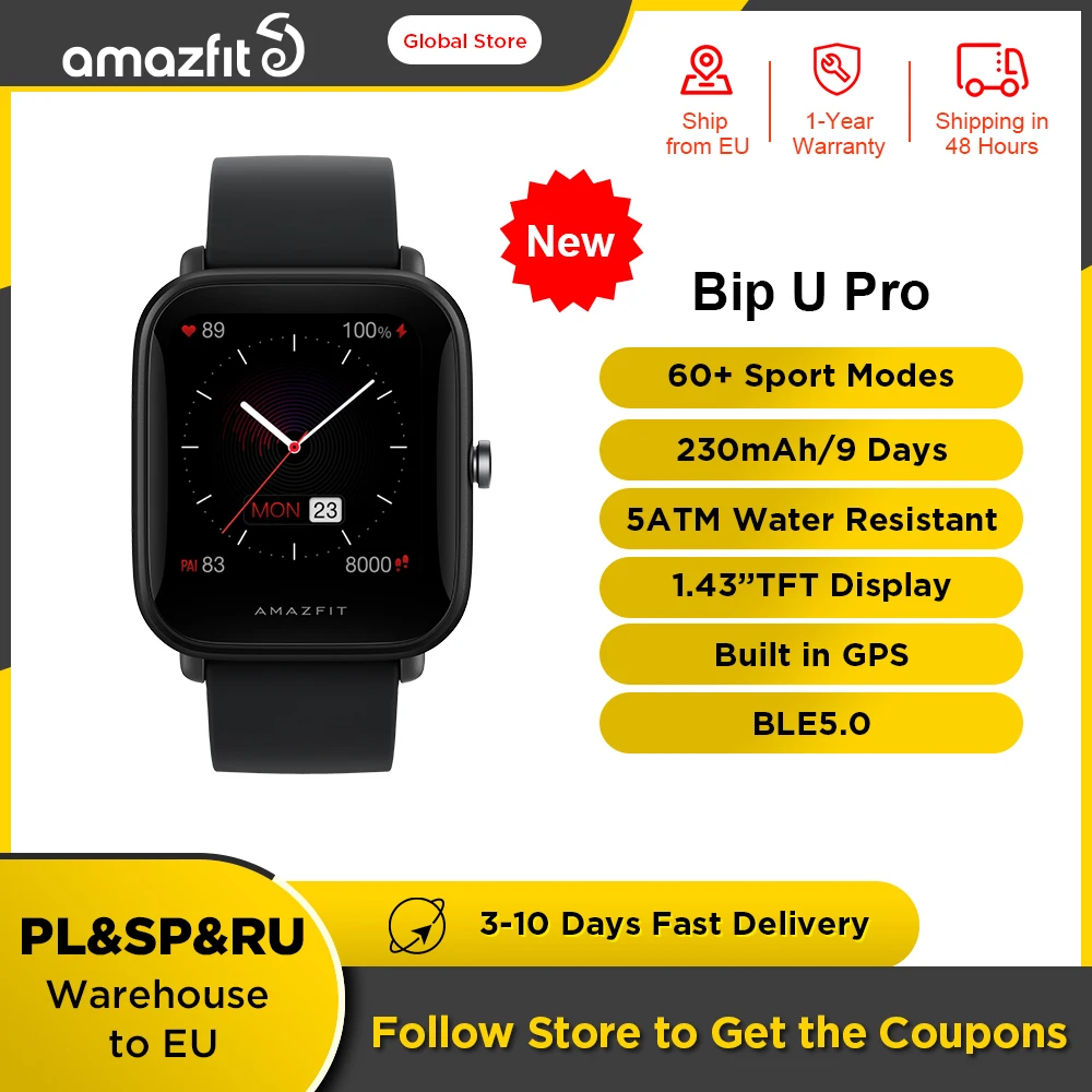 100% оригинальные умные часы Amazfit Bip U / Pro с GPS для мужчин цветной экран 5 банкоматов