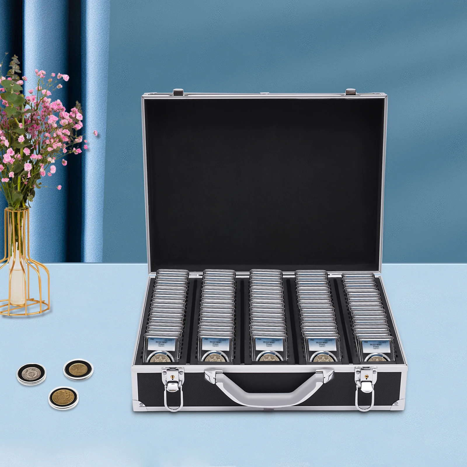 5 Compartments of 100 Coin Storage Display Box Coin Holders Slabs Aluminum Alloy Black