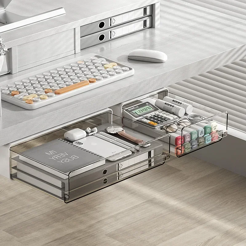 Office Under Table Storage Drawer Punch Free Plastic Transparent Storage Drawer Large Capacity Desk Stationery Organizer