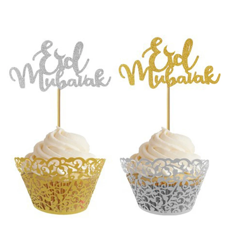 Фото Золотистый Серебристый Топпер для торта Eid Mubarak Рамадан кареем украшение для кексов помощь в Аль-адхе подарки Мусульманский Исламский фестиваль сувенир украшение для торта №1