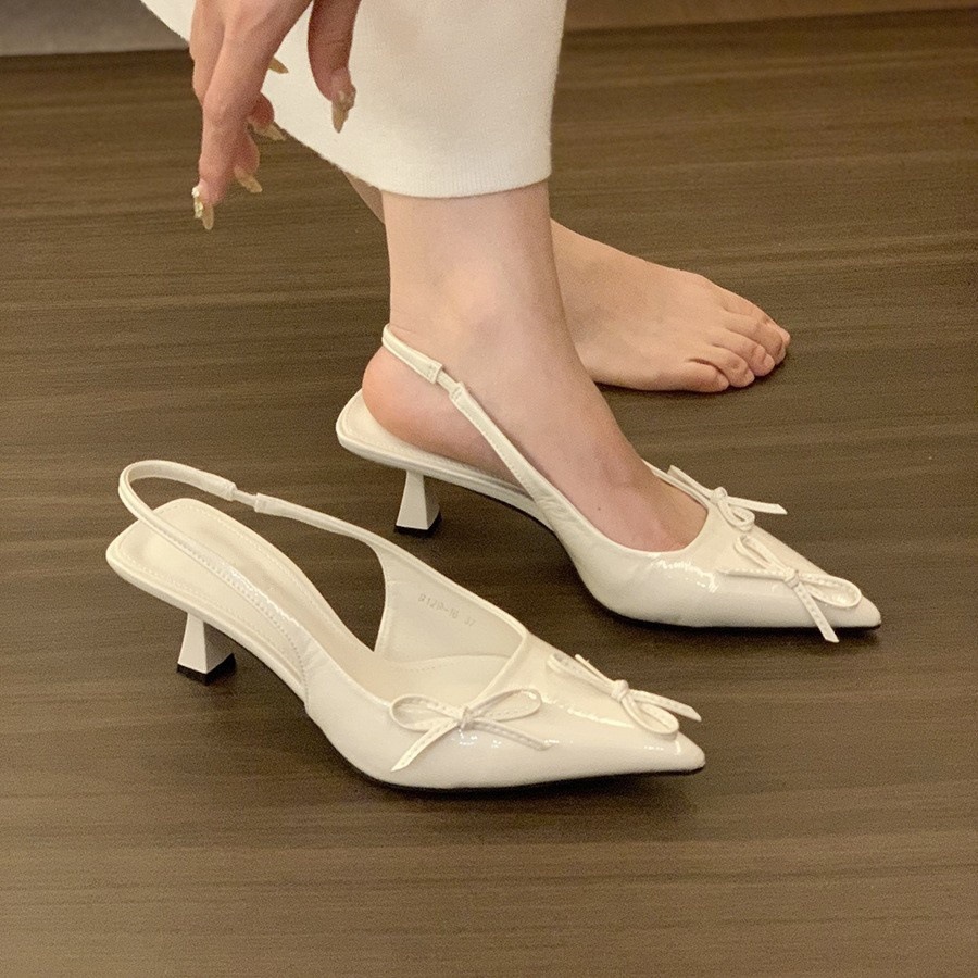 Bow Pointed High Heel Fairy Bag Head Sandals Women's Shoes 2025 Spring and Summer French with Skirt Single Shoes