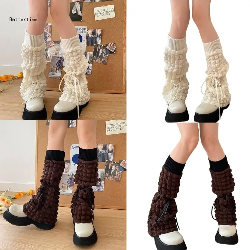 

B36D Women Bow Lace Up Puff Leg Warmers Girls 80s Harajuku Punk Knee High Leg Socks Preppy Stockings Gothic Clothes