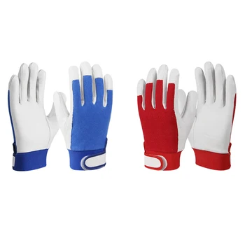 Guanti da saldatura TIG in pelle di capra con polsino elastico, guanti da lavoro in pelle di capra resistenti, schienale elasticizzato in nylon, , blu/rosso