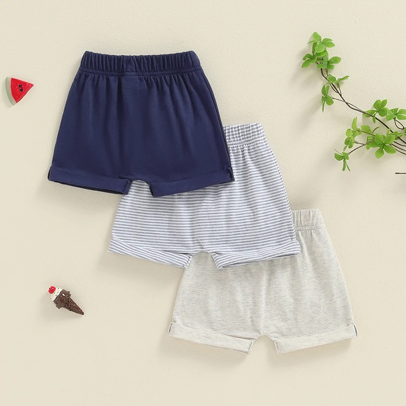 Kids Toddler Boy Summer Shorts Elastic Band Solid Color Striped Casual Button Shorts