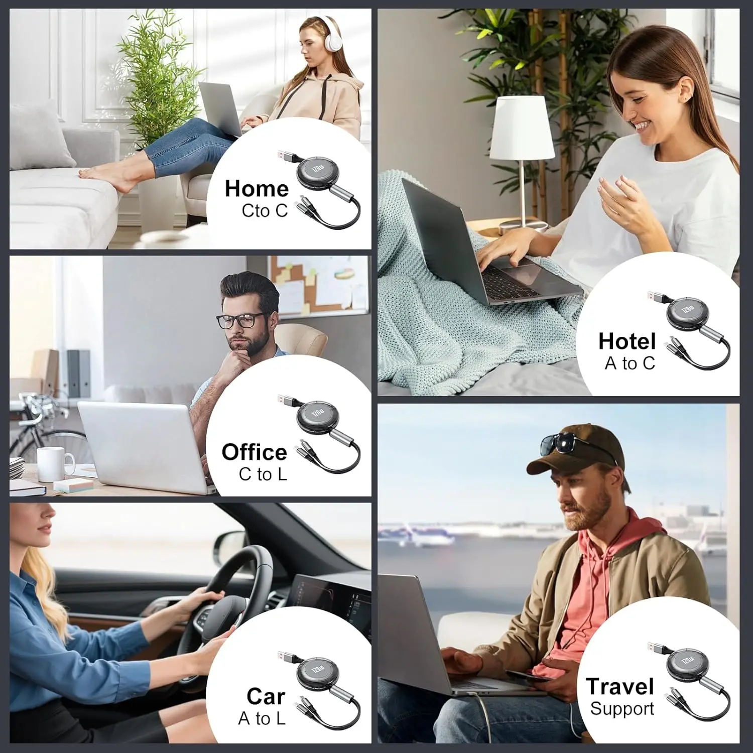 120W 접이식 고속 충전 케이블, USB A/C-USB C/L 포트 멀티 충전 코드 (아이폰 17/16, 삼성 갤럭시 A17/S25 호환)
