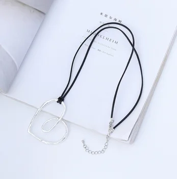 Amorcome Fashion Silver Color Heart Pendants Long Necklace Black Leather Cord On the Necklace Women Jewelry Collare Mujer Bijoux