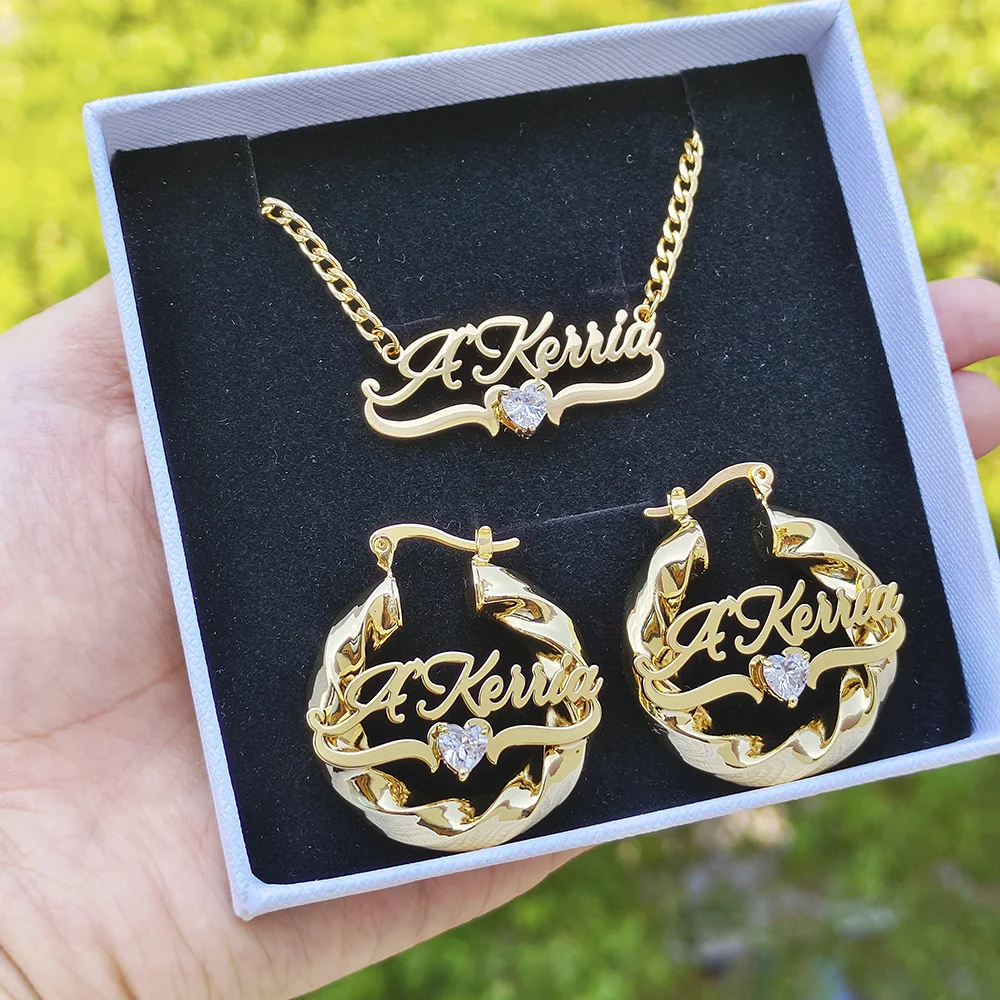 2 Pcs Set Custom Name Jewelry Set Personalized Birthstone Name Necklace 30mm/50mm Heart Bamboo Hoop Earrings for Christmas Gift 1