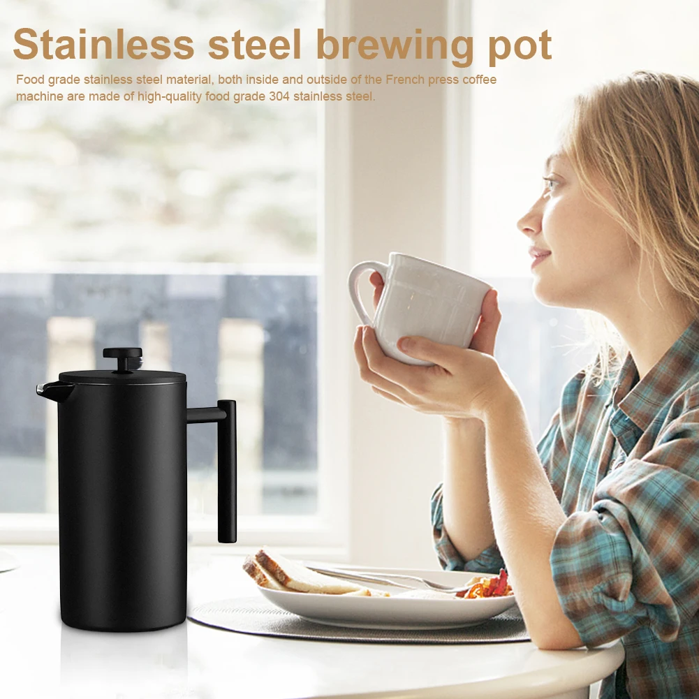 Stainless Steel Tea Brewer Tea Pot Double Wall Insulation Coffee Press 1000ml Double Walled Large Coffee Press for Bar Cafe Home