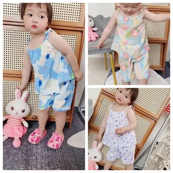 2pc set Kids Girl Clothing Fashion New Baby Girl Sling Set Summer Thin Loose Children Camisole + Shorts Suit Girls Outfits 4