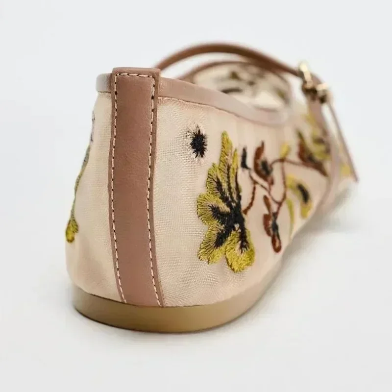 New Mesh Breathable Ballet Flats Women Luxury Designer Embroidered Flower Mary Jane Shoes Light Comfort Low Heeled Summer Flats 4