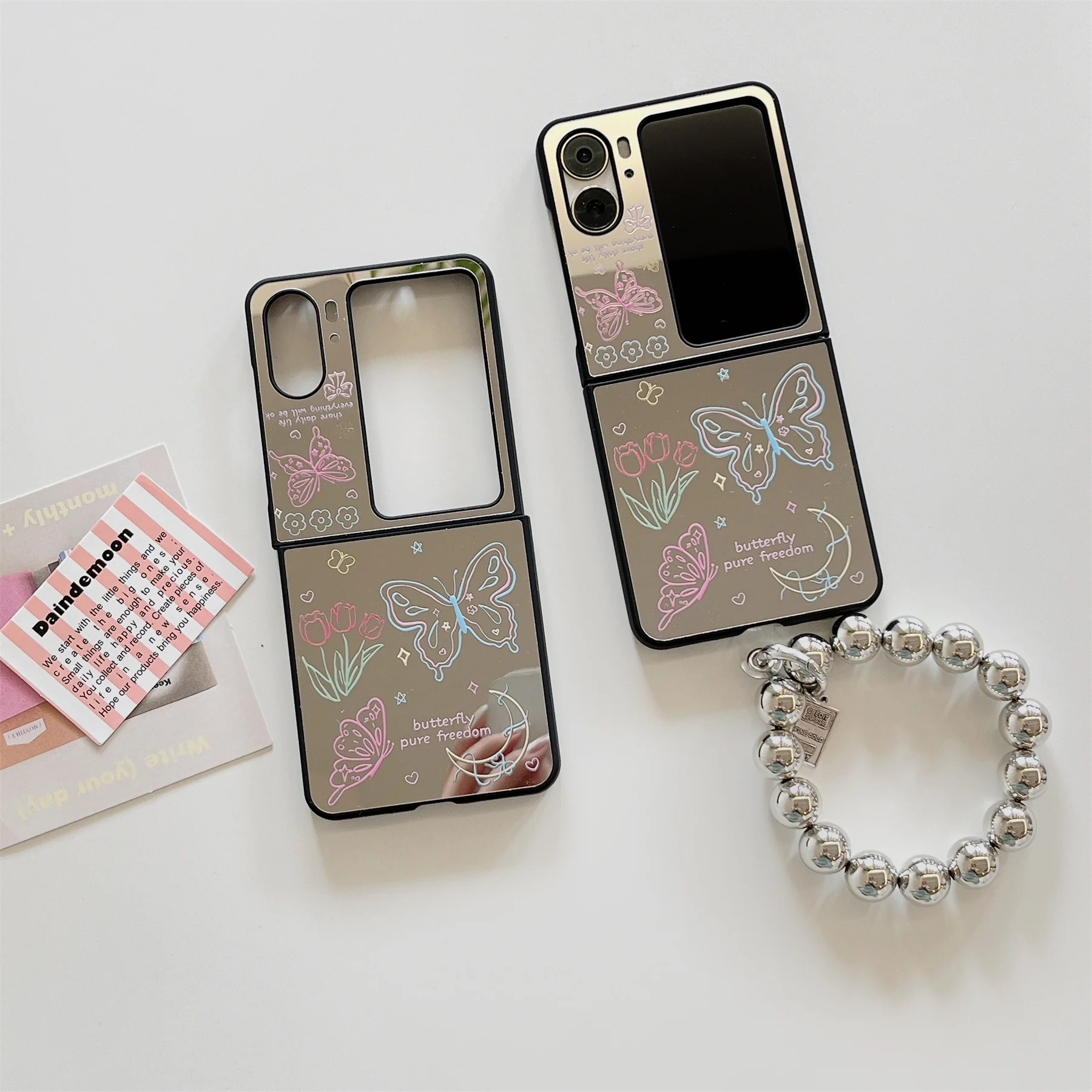 Custodia Coreana Di Lusso Mirror Line Butterfly Flower Moon Per Oppo Find N2 Flip Back Protection Cover