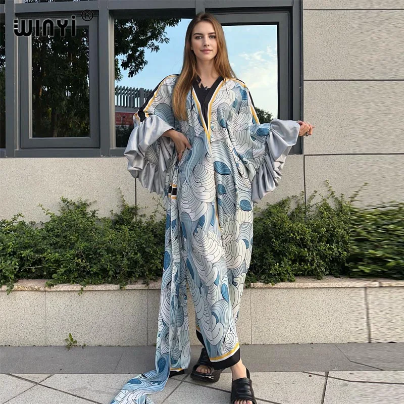 

WINYI 2024 Dresses For Women Fashion kaftan twill v-neck with scarf Maxi Long Femme Vestidos Summer Autumn Party abaya dubai