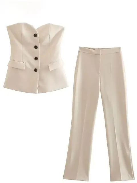 HH Women Elegant Solid Pant Suit Front Button Strapless Sexy Tank Tops + Side Slit Trouser Female Fashion Streetwear Sets 3