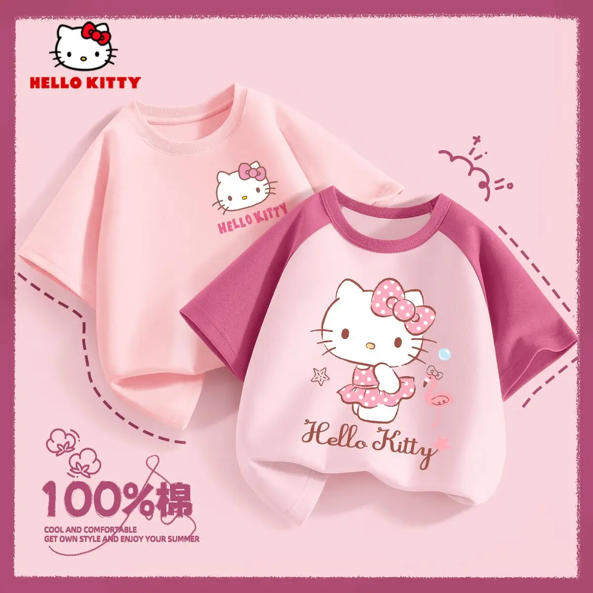 2 قطعة/الحزمة سانريو الصيف طفل الفتيات ملابس الأطفال مرحبا كيتي قصيرة الأكمام تي شيرت طفل القطن الكرتون تنفس لينة أعلى