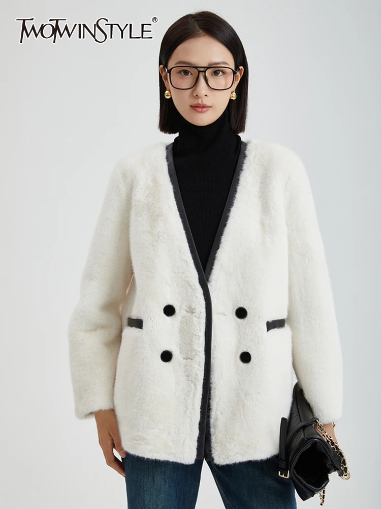 

TWOTWINSTYLE Patchwork Pockets Casual Coats For Women V Neck Long Sleeve Spliced Double Breasted Minimalist Coat Female Fashion