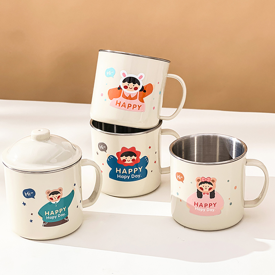 WORTHBUY 304 Stainless Steel Coffee Cup With Lid&Handle Cute Children Double-Layer Water Cup Heat-resistant Milk Coffee Mug