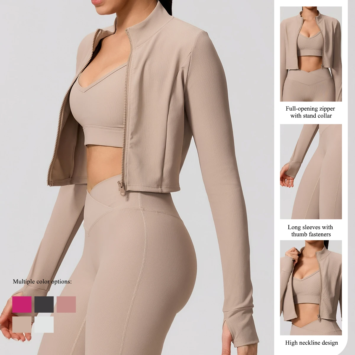 Hearuisavy Solid Color Zip Up Sports Jacket Women Running Long Sleeve Yoga Tops Gym Sportswear Quick Dry Breathable Fitness Coat - תמונה 3