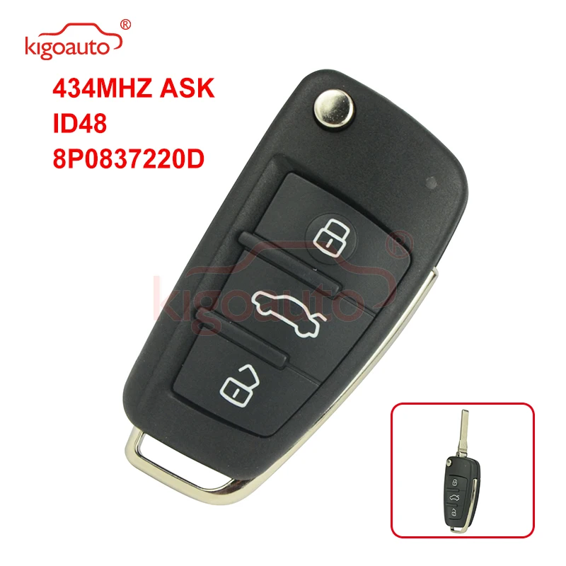 Kigoauto 8P0837220D Flip Remote Key 3 Button 434Mhz ID48 Chip HU66 Blade For Audi A3 TT 2007 2008 2009 2010 Car Remote Key