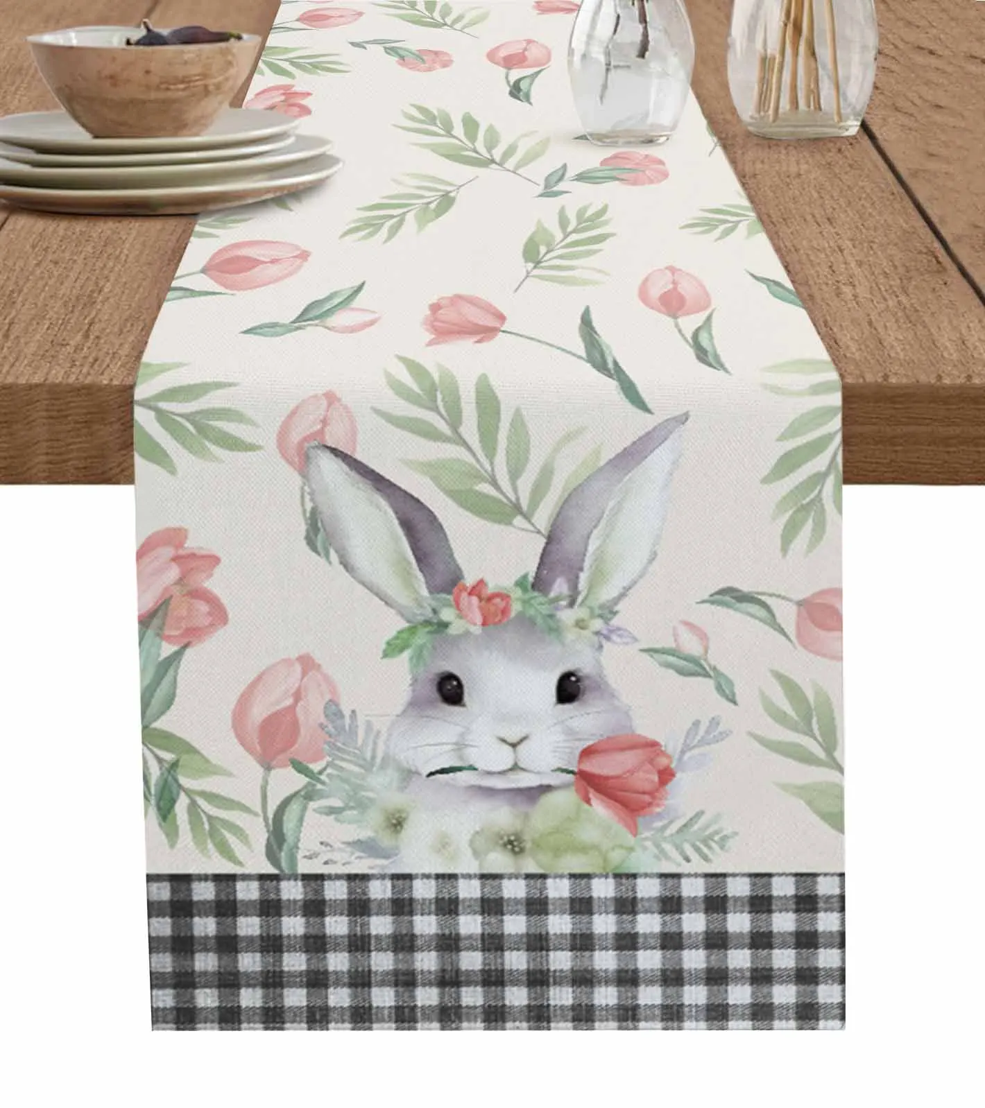 

Rabbit Easter Flower And Plant Leaves Wedding Table Runner Kitchen Placemats Party Home Decor Festival Holiday Tablecloth