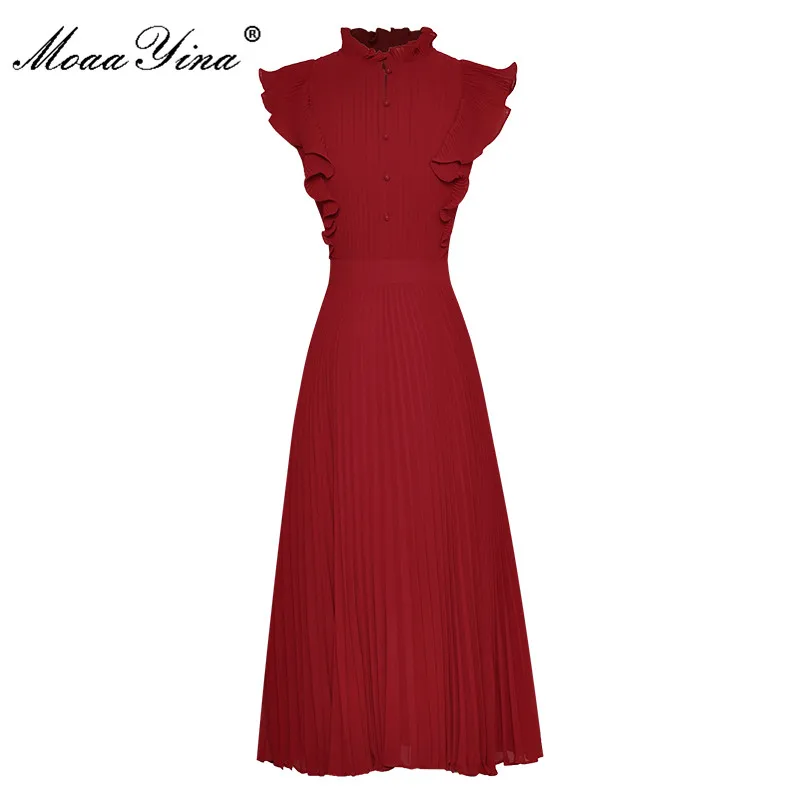 

MoaaYina Fashion Designer dress Summer Women's Dress Stand Collar Butterfly Short Sleeve Solid Color Pleated Dresses