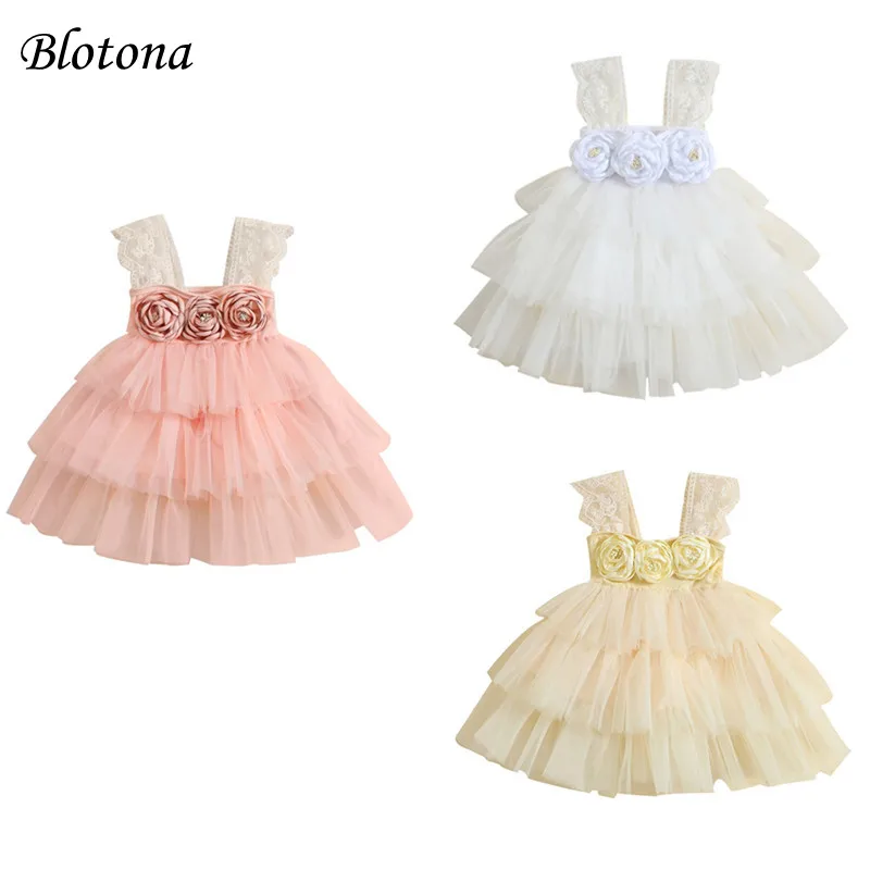 

Blotona Toddler Baby Girls Party Princess Dress 3D Flower Lace Straps Sleeveless Cute Layered Tulle Tutu Summer Dress 6M-4Y