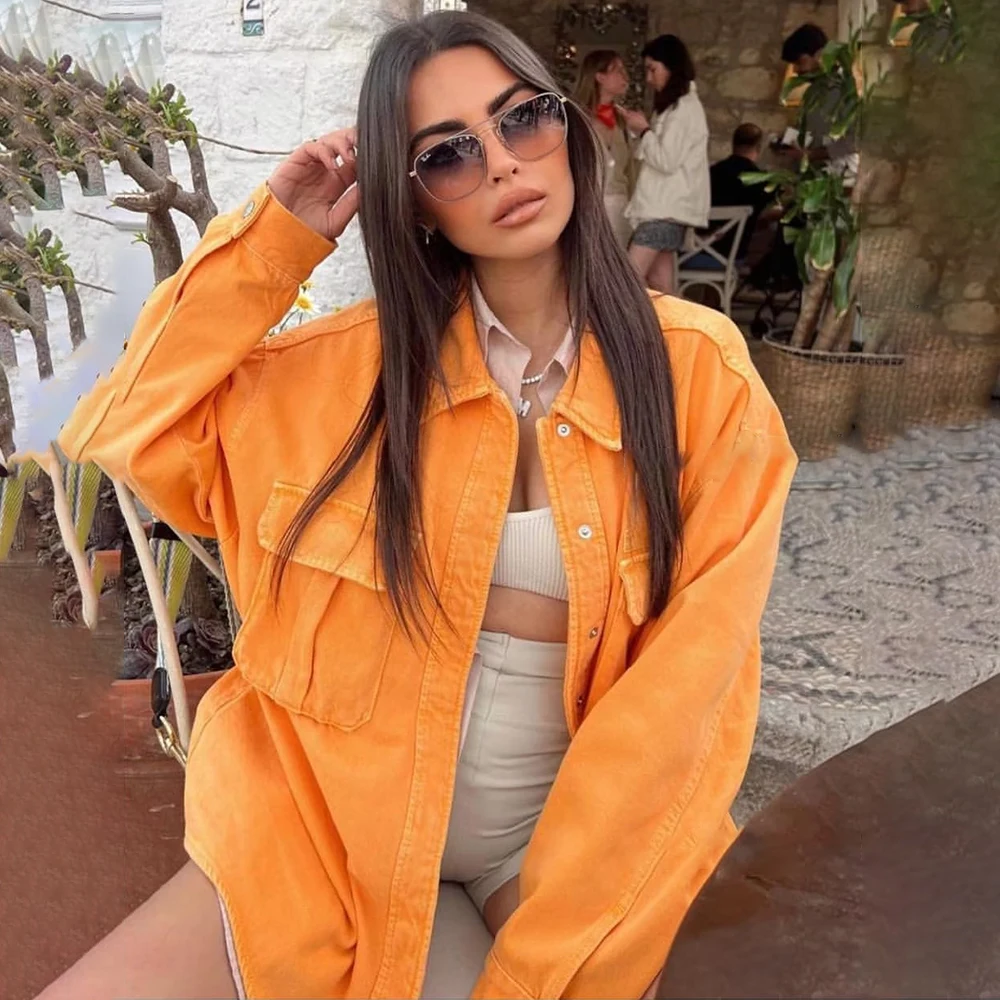 

Casual Button-Up Winter Denim Jacket Women 2022 Long Sleeve Top Pockets Street Loose Solid Cowboy Coats Vintage Oversize Outwear