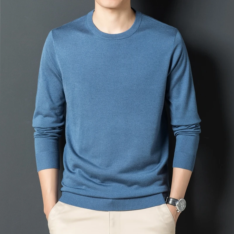 Top Grade Mens Silk Wool Clothing Autumn Solid Color Long Sleeve Knit Jumpers Male O-Neck Soft Silk Knitting Tee Shirts