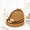 Multi-size Handwoven Rattan Storage Tray Round Wicker Basket Serving Tray With Wooden Handle Bread Food Plate Fruit Cake Platter 2