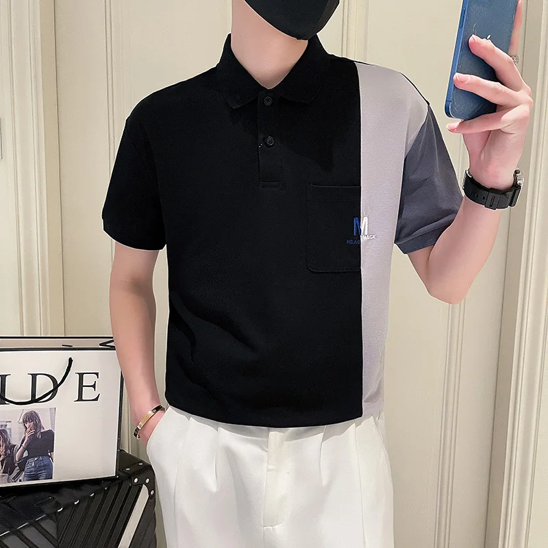 

2023 Summer Contrast Stitching Polo Shirts Men Short Sleeve Slim Fit Casual T Shirts Social Streetwear High Quality Men Clothing