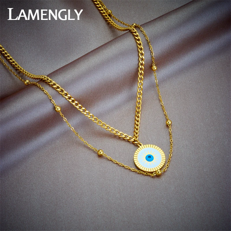 

LAMENGLY 316L Stainless Steel Round Retro Eye Pendant Necklace For Women Girl New 2in1 Clavicle Chains Waterproof Jewelry Gift