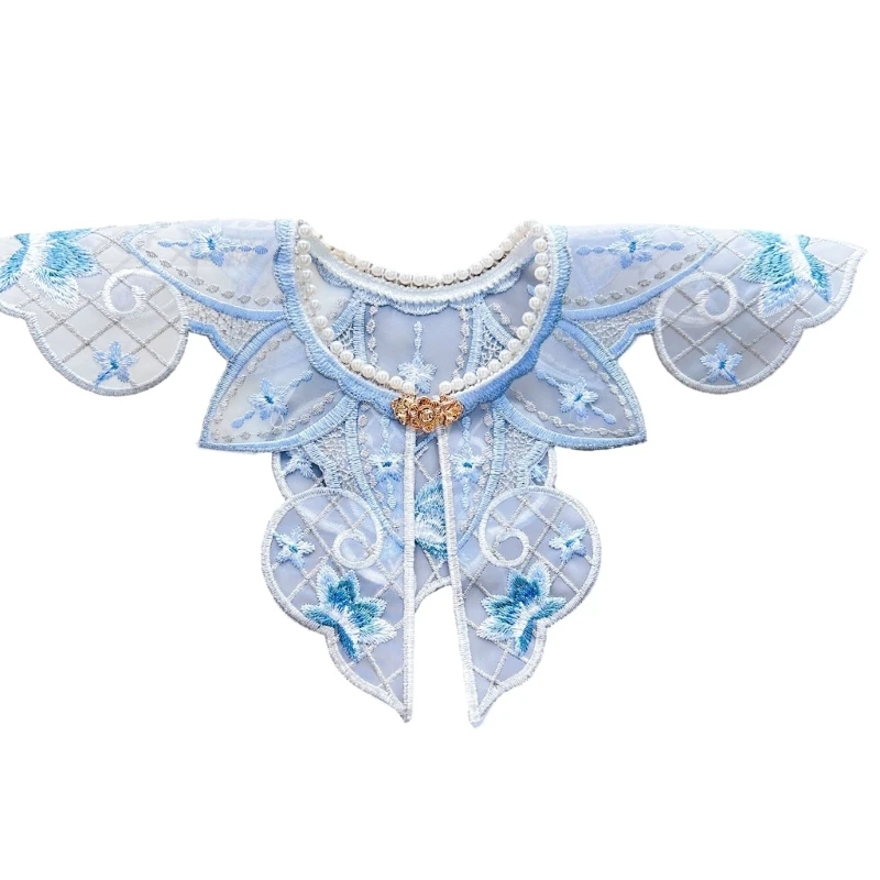 

Childrens Hanfu Accessories Detachable Fake Collar Pearls Beaded Shawl Wrap Chinese Embroidery Floral Necklace Capelet F0T5