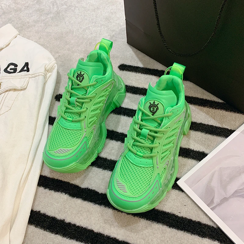 Zapatillas de deporte gruesas de moda para mujer, zapatos de plataforma para papá, deportivos para caminar y trotar, color rosa, verde y blanco, novedad | - AliExpress