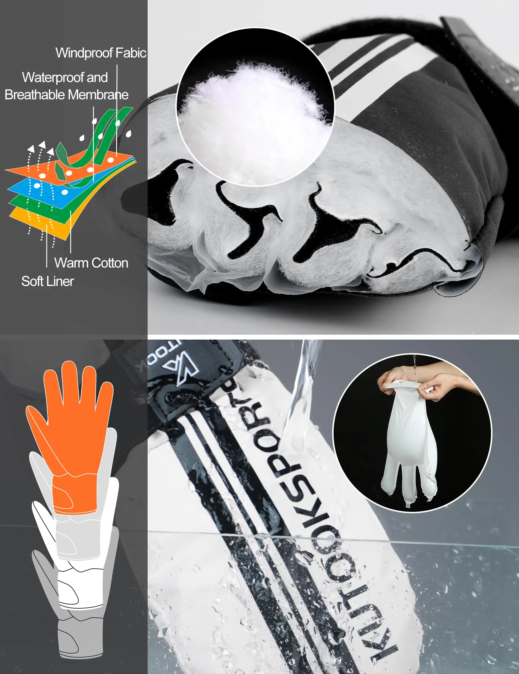 KUTOOK Ski Gloves Mittens Winter Thermal Snow Gloves for Men Women 3M C100 Insulation Waterproof Outdoor Skiing Snowboard Gloves 2