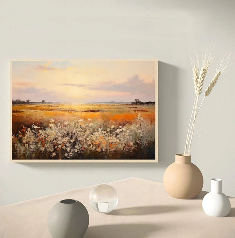 Moody Autumn Wildflower Landscape Canvas Print – Vintage Rustic Country Scenery Wall Art Decor