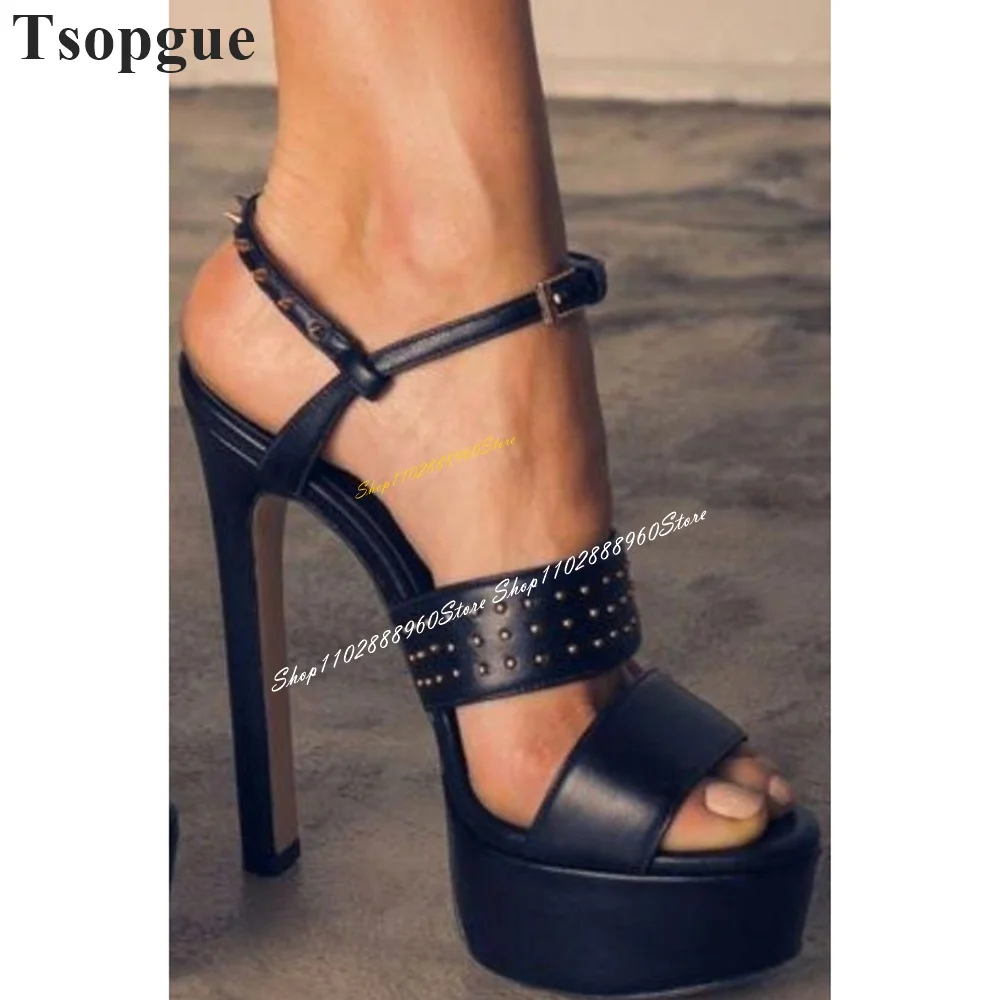 

Stylish Black Rivet Decor Platform Sandals Thin High Heel Women Shoes Ankle Buckle Strap Open Toe 2024 Sexy Zapatos Para Mujere