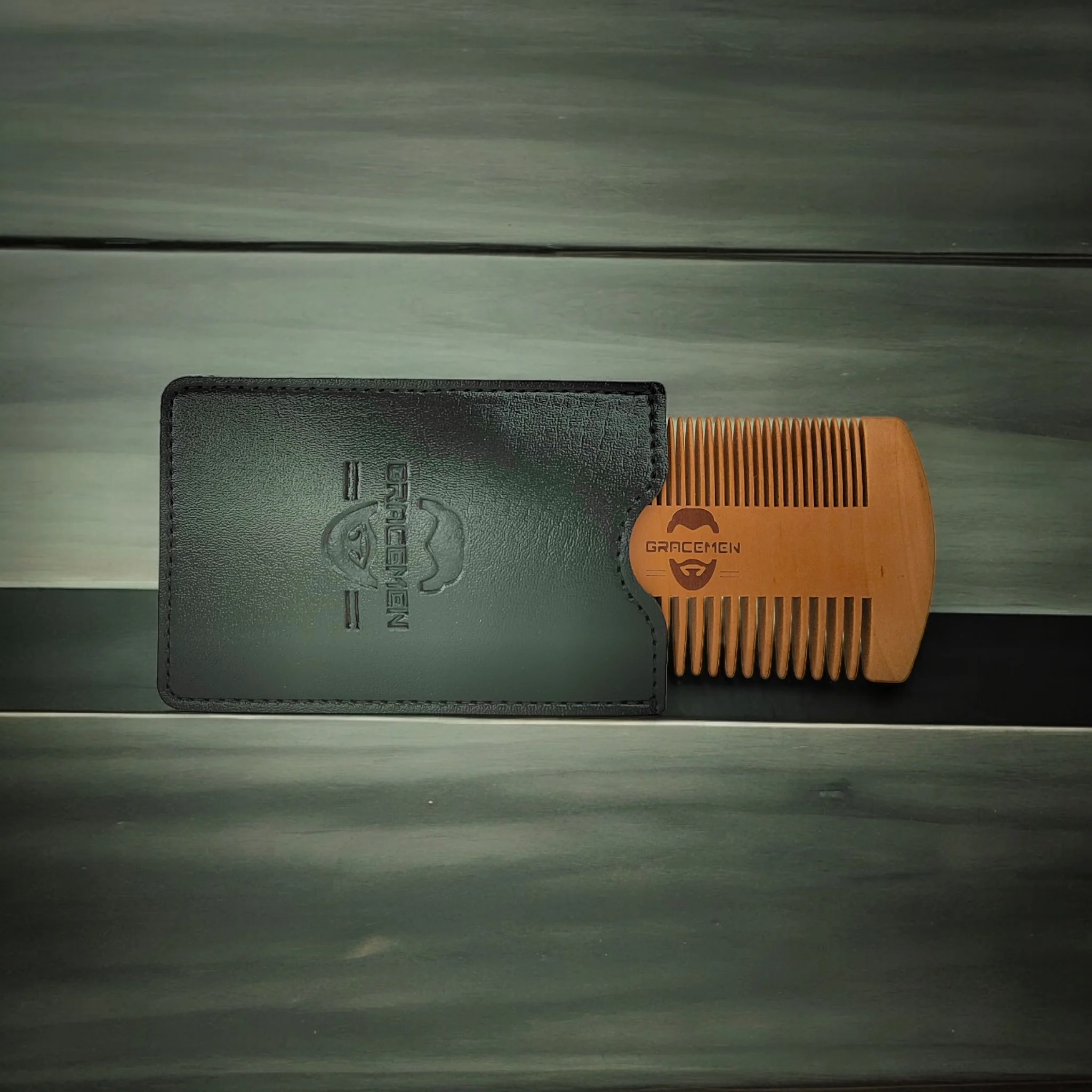 Gracemen 100% Wooden Beard Comb Double Sides for Men Anti-Static Wood Hair Comb with PU Leather Case and Great Gift to Men 2