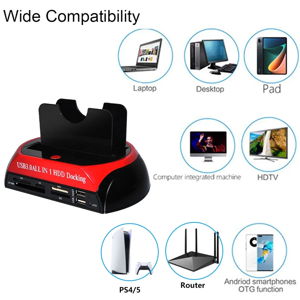 HDD Docking Station 10 IN 1 Dual-bay SATA IDE with 12V Power Adapter for 2.5/3.5 Inch HDD/SSD TF Card