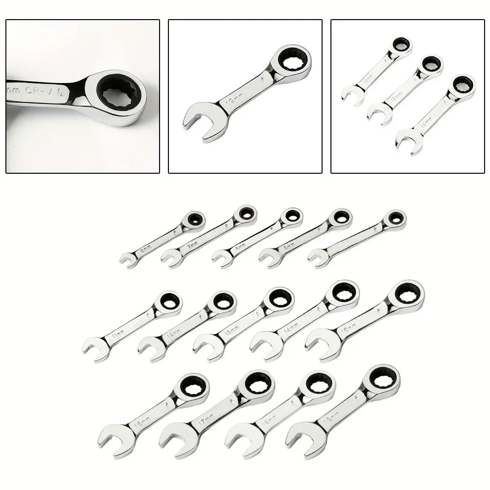 1pc 6-19mm Ratchet Socket Wrench Spanner Short Handle 72 Tooth Reversible Combination Single Wrench Open Box End Multi-to