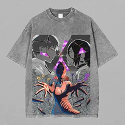 Reze Chainsaw Man Oversized Washed Harajuku T - Shirt - Summer Short Sleeve Cotton Tee - XXL (Gray)