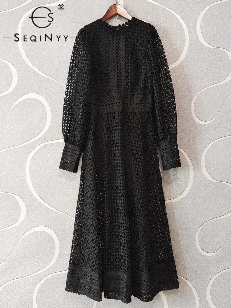

SEQINYY Bohemian Midi Dress Summer Spring New Fashion Design Women Runway High Street Hollow Out Flower Lantern Sleeve Slim